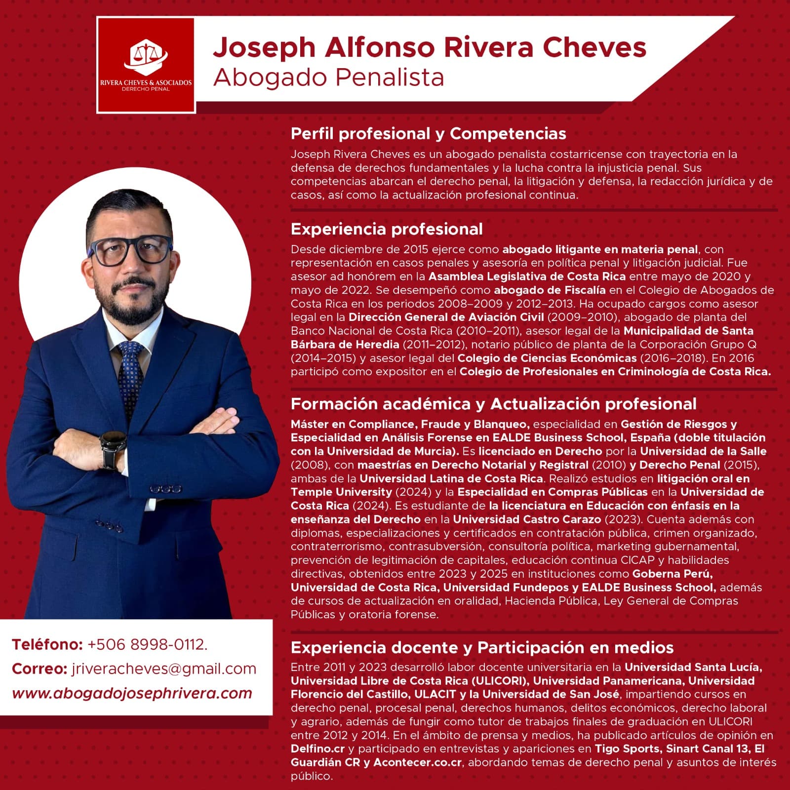 Currículo del abogado penalista Joseph Rivera Cheves — Máster en Compliance Penal, Maestría Derecho Penal, Auditor ISO 37001 — formación académica Costa Rica