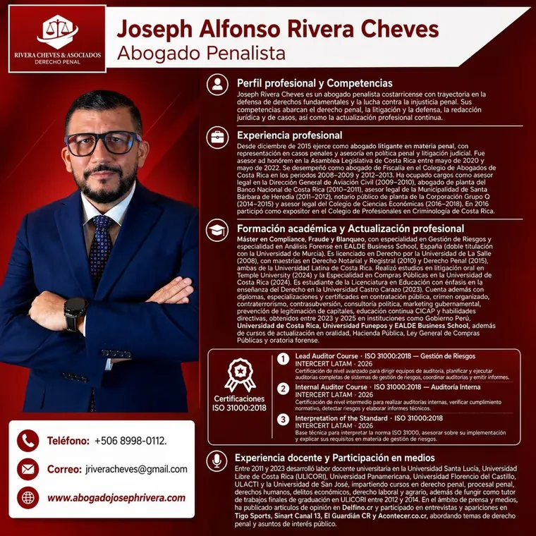 Currículo del abogado penalista Joseph Rivera Cheves — Máster en Compliance Penal, Maestría Derecho Penal, Auditor Líder ISO 31000 INTERCERT LATAM — formación académica Costa Rica